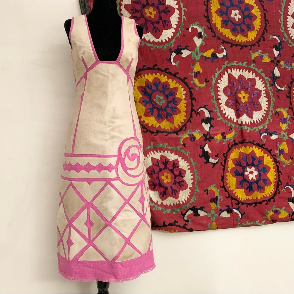 Vintage Pink Linen Dress With Cream Calf Hair Cutout Geometric Floral Design